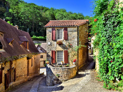 Narrow cobbled street in Beynac lined with stone houses, shuttered windows and greenery climbing the walls on a sunny day