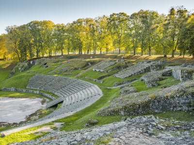 Scenic view of the ancient Roman theatre in Autun, Burgundy, with stone terraces curving around a grassy arena and a backdrop of trees under a soft sky