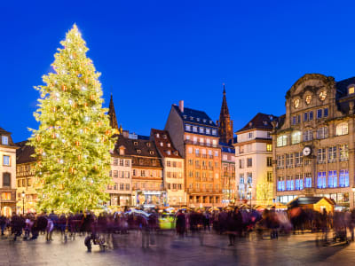 Illuminated Christmas tree towering over Strasbourg’s main square at dusk with crowds and historic buildings
