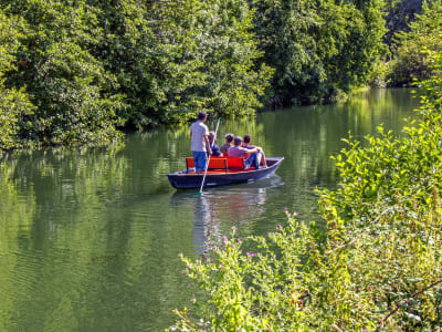 Visitors enjoying a traditional flat-bottomed boat ride on a tree-lined canal in the Marais Poitevin.