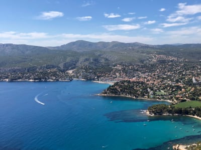 Panoramic view of Cassis village, harbor, and coastline from above