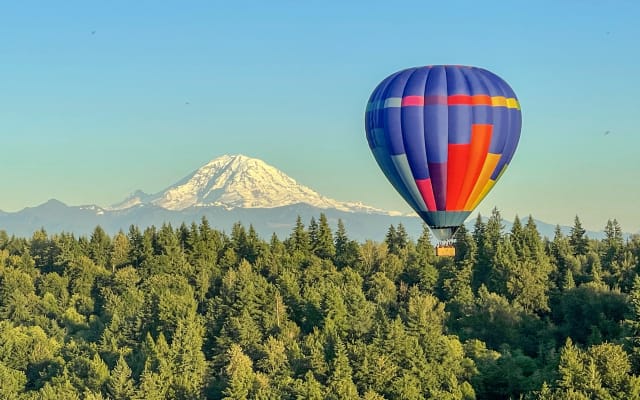 Sunset Hot Air Balloon Ride In Front Of Mt. Rainier