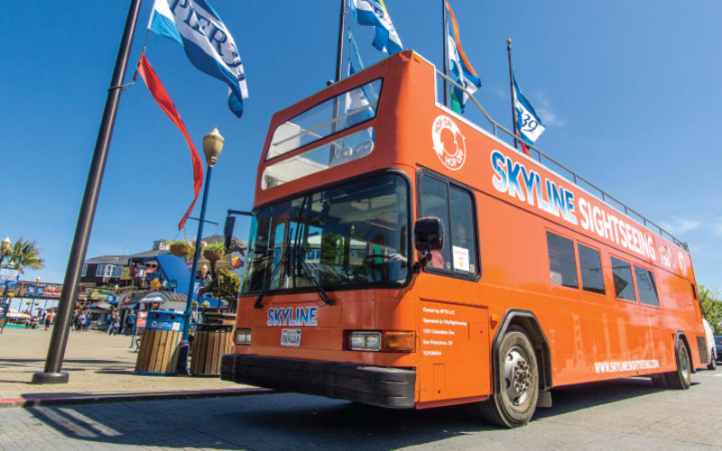Orange double-decker Skyline Sightseeing tour bus parked at waterfront with flags and palm trees