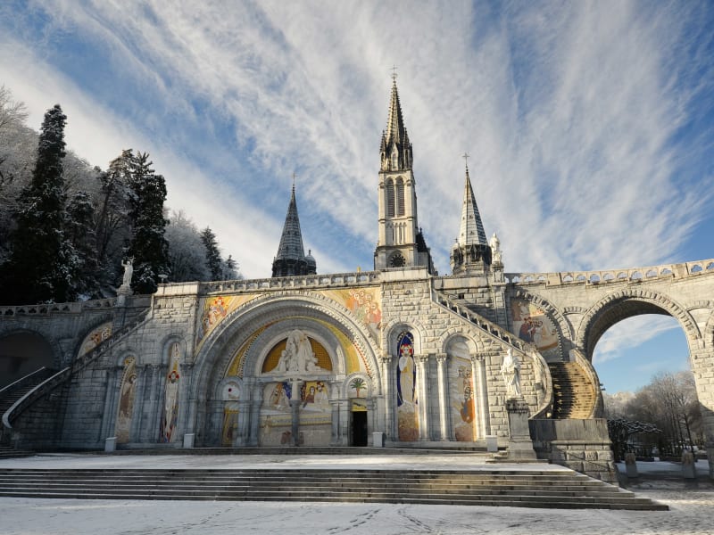 Sanctuary of Our Lady of Lourdes with basilicas and pilgrims