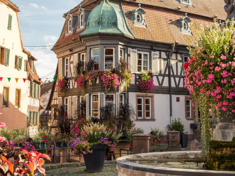 Colourful half-timbered houses in a typical Alsace wine village street