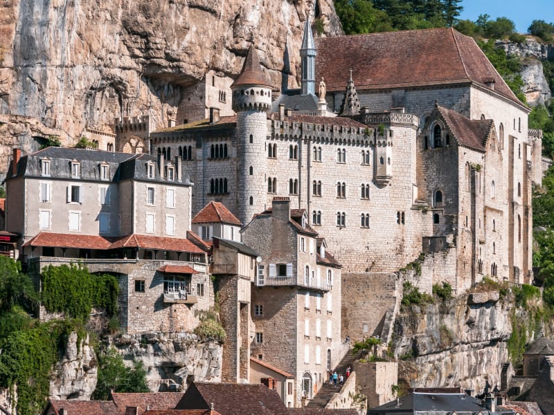 Scenic view of Rocamadour village and sanctuary built into a limestone cliff in southwest France