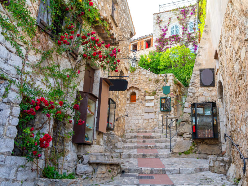 Medieval alley in Eze lined with plants and blooming vines
