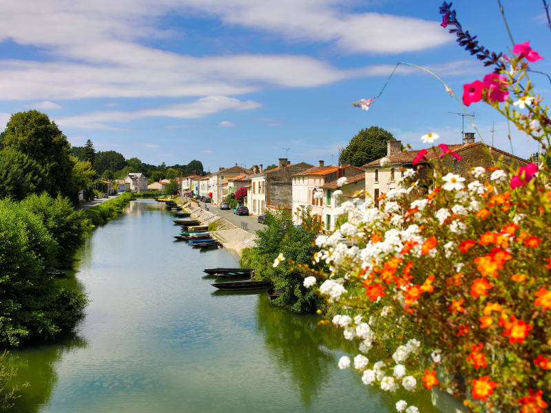 Flower-filled canal lined with traditional boats and village houses in Coulon, Marais Poitevin.