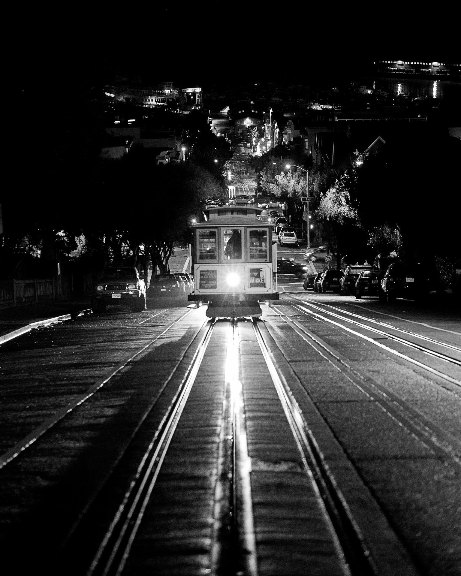 Black and White photo of Cable car on Hyde Street