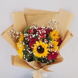 Red roses and Sunflowers with baby's breath filling bouquet