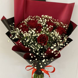 Red Roses and Baby's Breath Filling in Black and Red Wrapping 