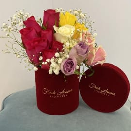 Mix Roses with baby's breath filling in Red Velvet Box