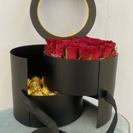 Black Round Box of Red Roses and Ferrero Rocher Chocolates