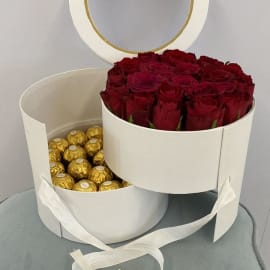 White Round Box of Red Roses and Ferrero Rocher chocolates.