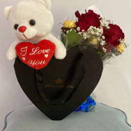 Black Heart Box of Red Roses and Ferrero Bouquet with White Teddy Bear