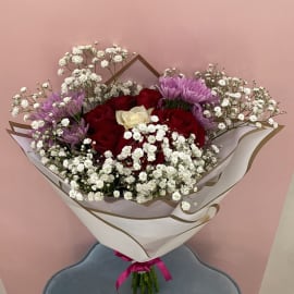 Bouquet of Red Roses with white rose and baby's breath filling  and alstroemeria .