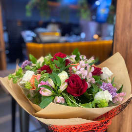 bouquet of red and white roses with rose 3d, Ruscus, alstroemeria, and carnations 