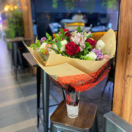 bouquet of red and white roses with rose 3d, Ruscus, alstroemeria, and carnations 