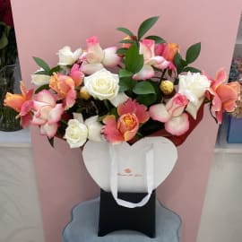 Heart shape box of 3d rose, white and pink roses, ruscus with Ferrero Rocher chocolate