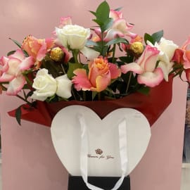 Heart shape box of 3d rose, white and pink roses, ruscus with Ferrero Rocher chocolate