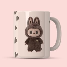 Close-up of bunny character on ceramic mug with starry eyes