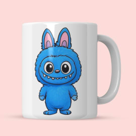 Front view of Labubu ceramic mug featuring blue monster design.