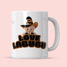 Close-up of Labubu printed with “LOVE LABUBU” text