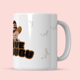 Side view of the mug showing dancing character illustrations

