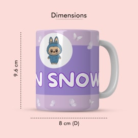 Dimensional view of Jon Snow mug showing 9.6 cm height and 8 cm diameter.