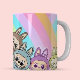 Close-up view of the Labubu Ceramic Mug with playful bunny faces and colorful design.