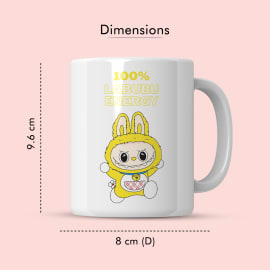 Side view of 100% Labubu Energy ceramic mug showing dimensions 9.6 cm height and 8 cm diameter