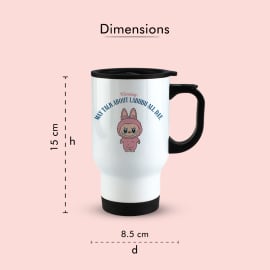 Close-up of Labubu stainless steel mug with cute character print