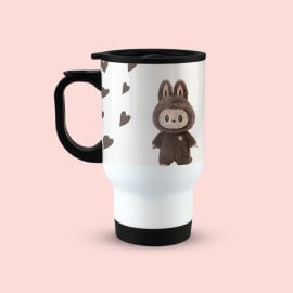 Labubu travel mug showing full heart pattern with plush design