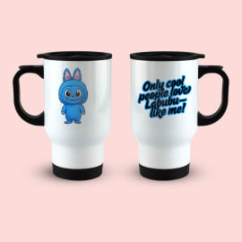 Labubu stainless steel mug front view with blue character