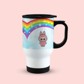 A white travel mug with a black handle and lid, featuring a pink monster character under a rainbow arch.