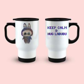 Two white travel mugs with black handles and lids. The left mug shows a colorful, glitch-art style illustration of Labubu, while the right mug displays the text 