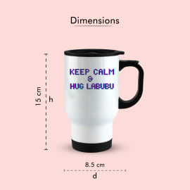White travel mug with black handle and lid, shown with dimension annotations indicating a height of 15 cm and a diameter of 8.5 cm. The text 