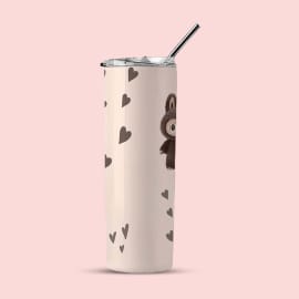 Side view of a light cream tumbler with a partial view of a brown bunny character and scattered brown hearts.