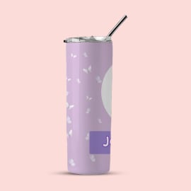 A side view of a light purple tumbler with white butterflies, showing the left portion of the design and the letter 