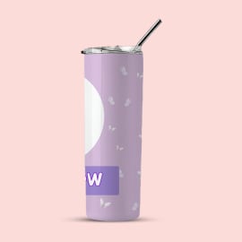 A side view of a light purple tumbler with white butterflies, showing the right portion of the design and the letter 