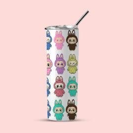 A white insulated tumbler with a metal straw, featuring a repeating pattern of cartoon characters in various colored bunny suits, including blue, pink, brown, purple, yellow, red, and teal, against a 