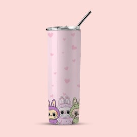 A pink tumbler with small pink hearts and three monsters (purple, pink, and green in bunny suits) at the bottom, shown with a lid and straw against a light pink background.