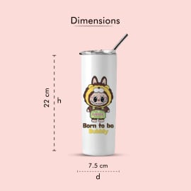 White stainless steel tumbler with a cartoon character in a yellow animal hoodie and 