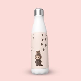 A white insulated water bottle with a light pink label featuring a brown, bunny-eared character and scattered dark brown hearts, set against a solid light pink background.