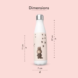 A white insulated water bottle with a light pink label featuring a brown, bunny-eared character and dark brown hearts, displayed with dimension measurements of 27 cm height, 7 cm diameter, and 11 cm l