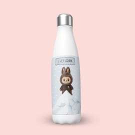  white stainless steel water bottle with a silver cap, featuring a custom label with 