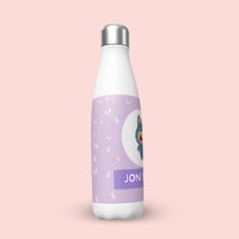 A white stainless steel water bottle with a purple label, partially obscured, featuring a cartoon blue monster character with bunny ears and the name 