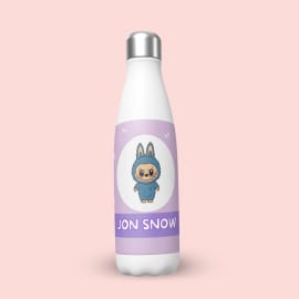  A single white stainless steel water bottle with a purple label featuring a cartoon blue monster character with bunny ears and the name 