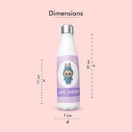 A white stainless steel water bottle with a purple label featuring a cartoon blue monster character with bunny ears and the name 