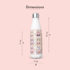 A white stainless steel water bottle with a custom Labubu bunny sticker, with a 